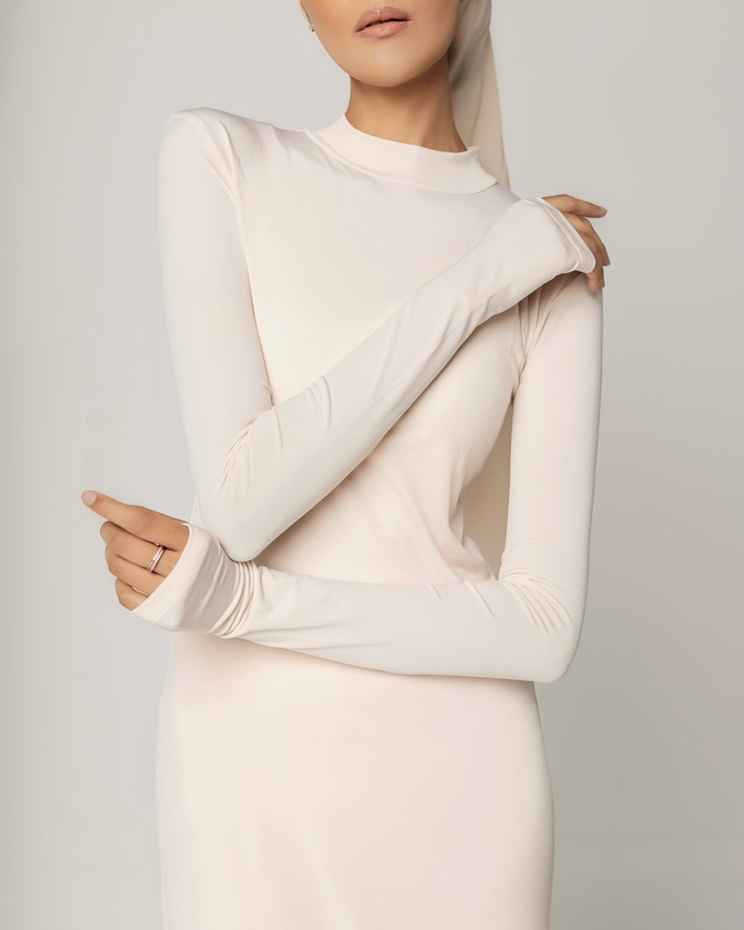 CREAM PEACH -High Neck Long Sleeve Dress