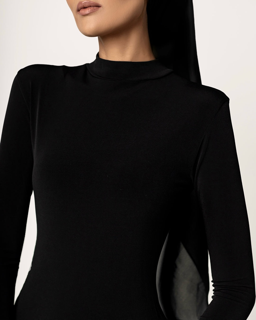 BLACK -High Neck Long Sleeve Dress