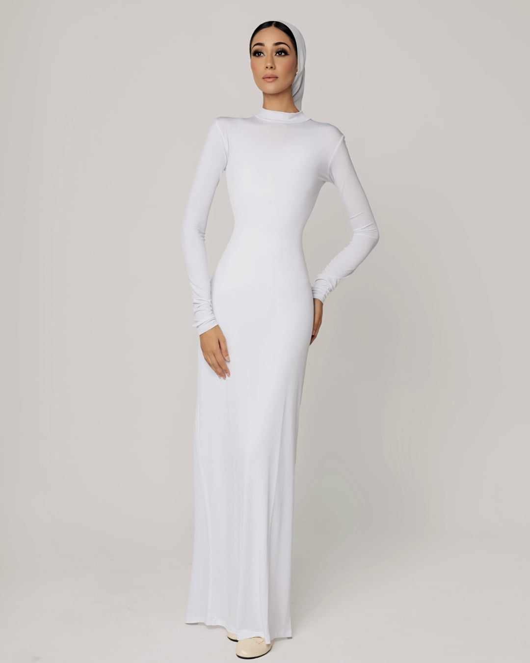 WHITE -High Neck Long Sleeve Dress