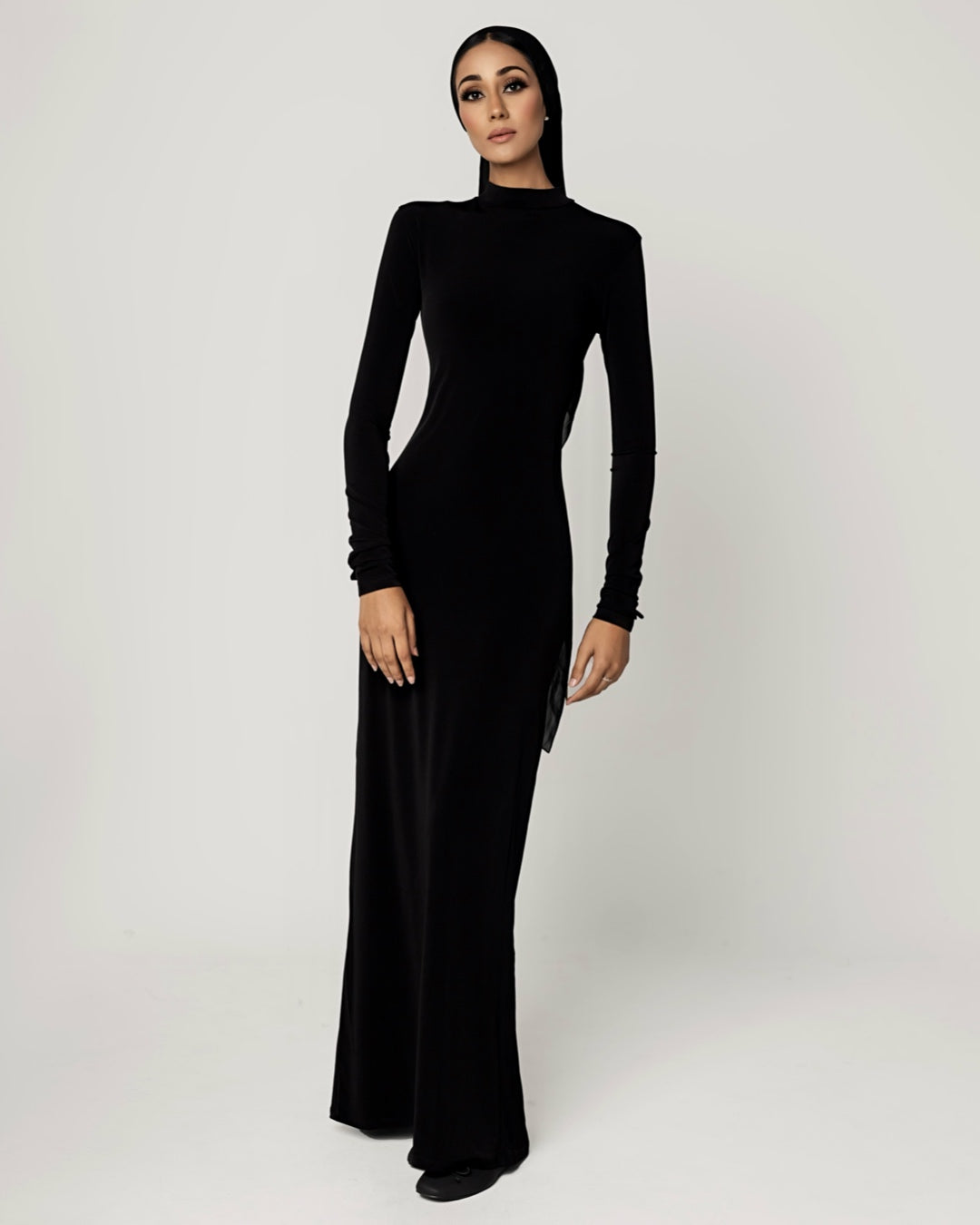 BLACK -High Neck Long Sleeve Dress