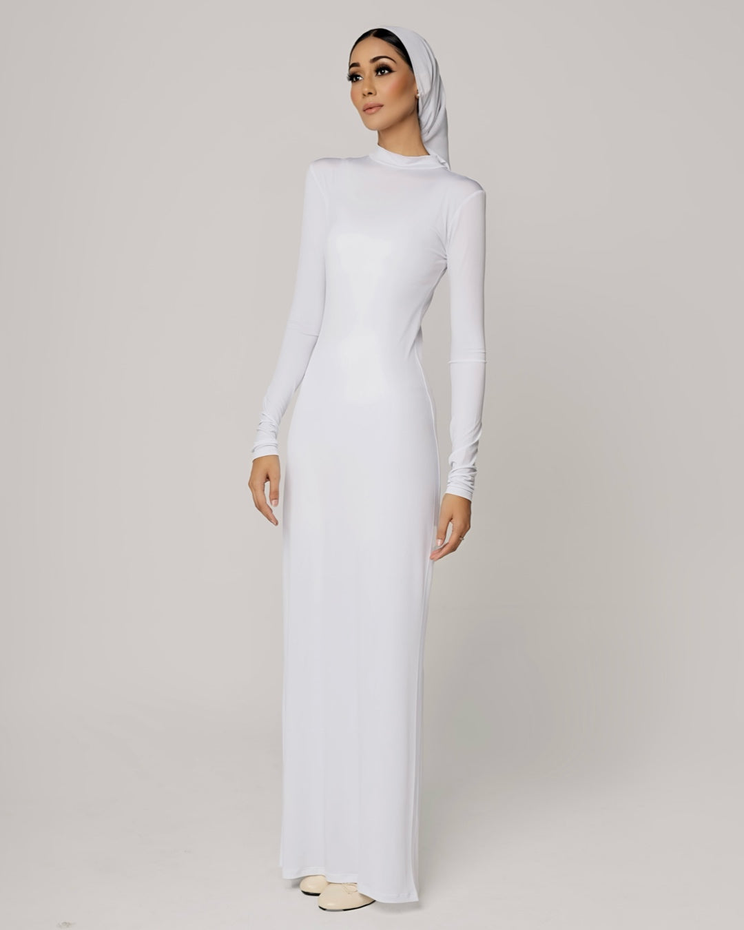 WHITE -High Neck Long Sleeve Dress