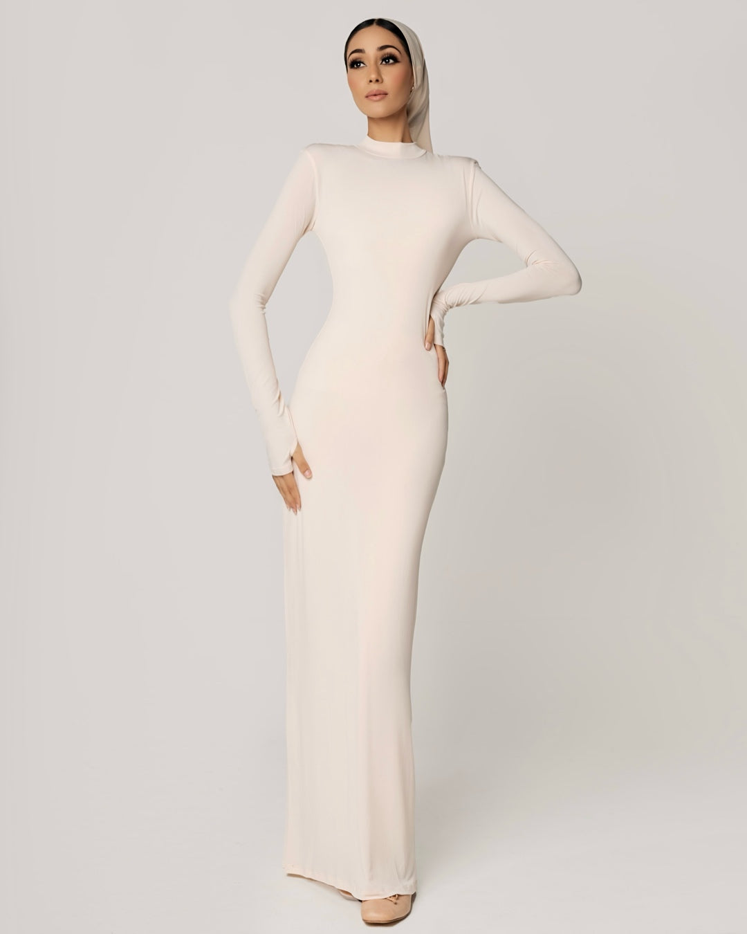 CREAM PEACH -High Neck Long Sleeve Dress