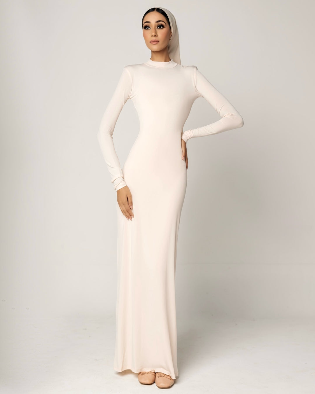 CREAM PEACH -High Neck Long Sleeve Dress