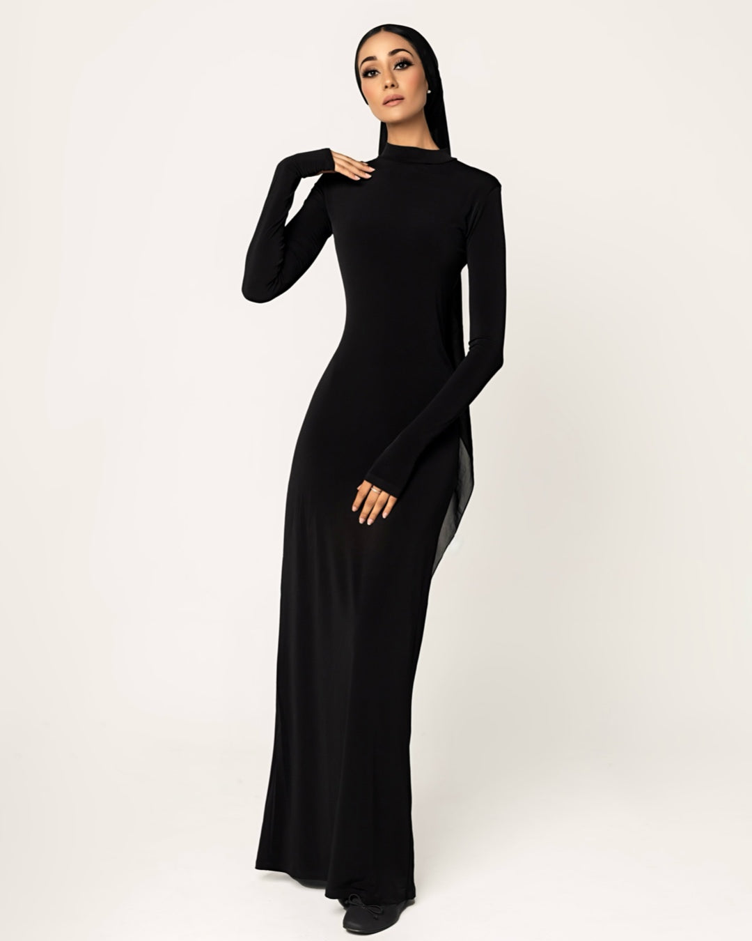 BLACK -High Neck Long Sleeve Dress