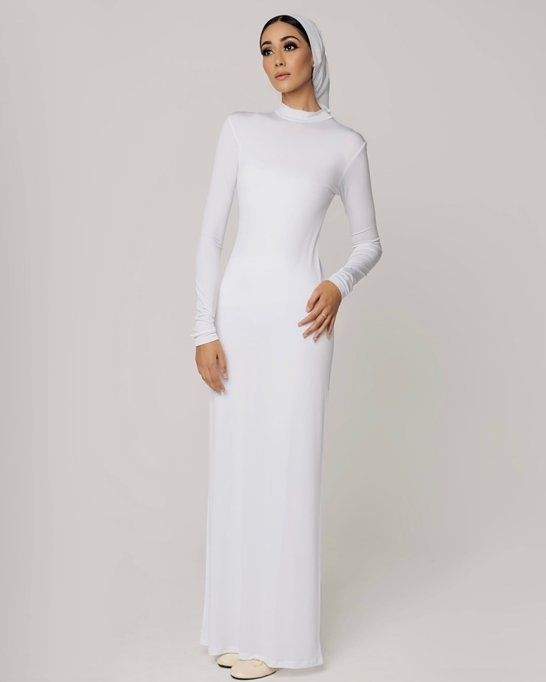 WHITE -High Neck Long Sleeve Dress