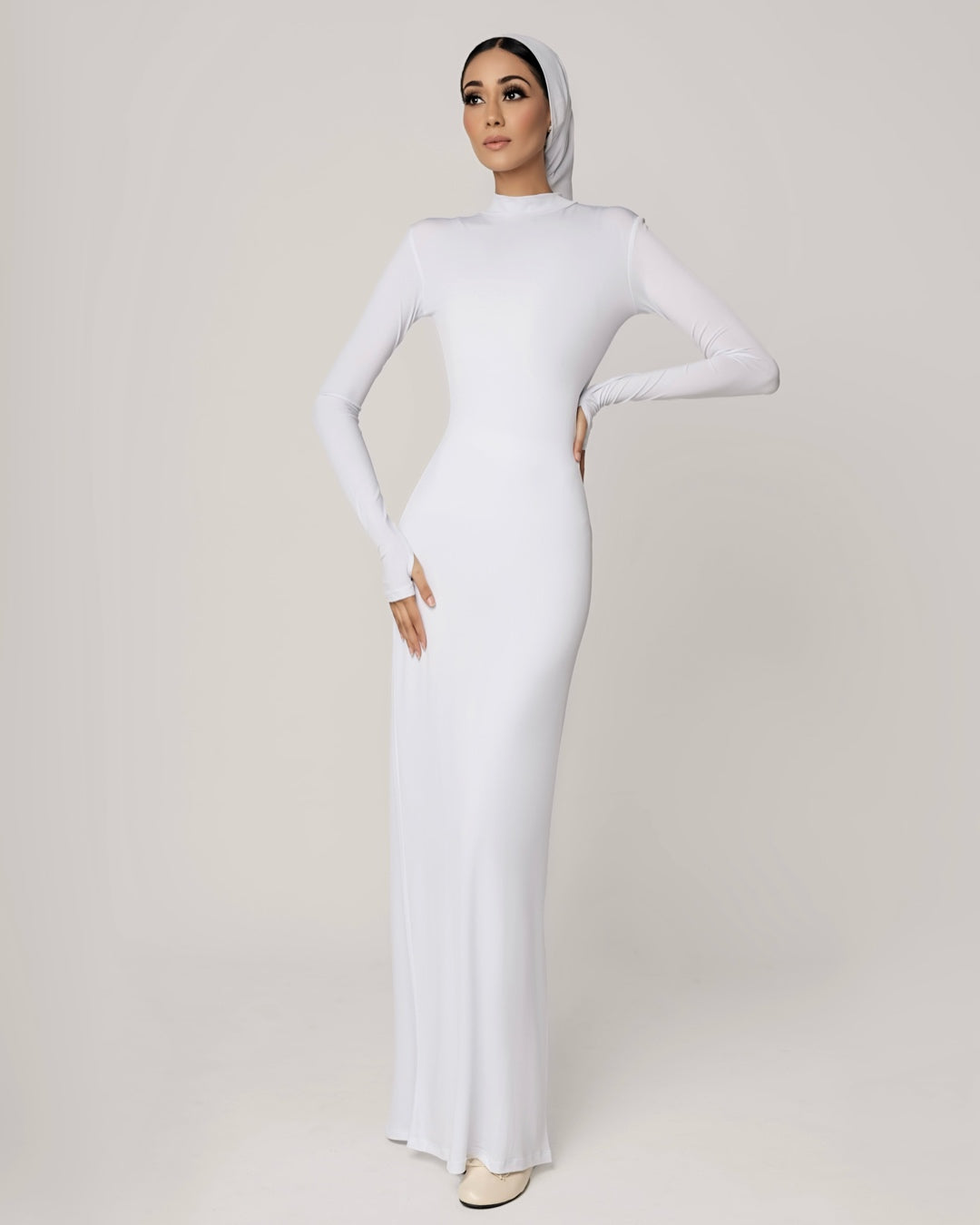 WHITE -High Neck Long Sleeve Dress