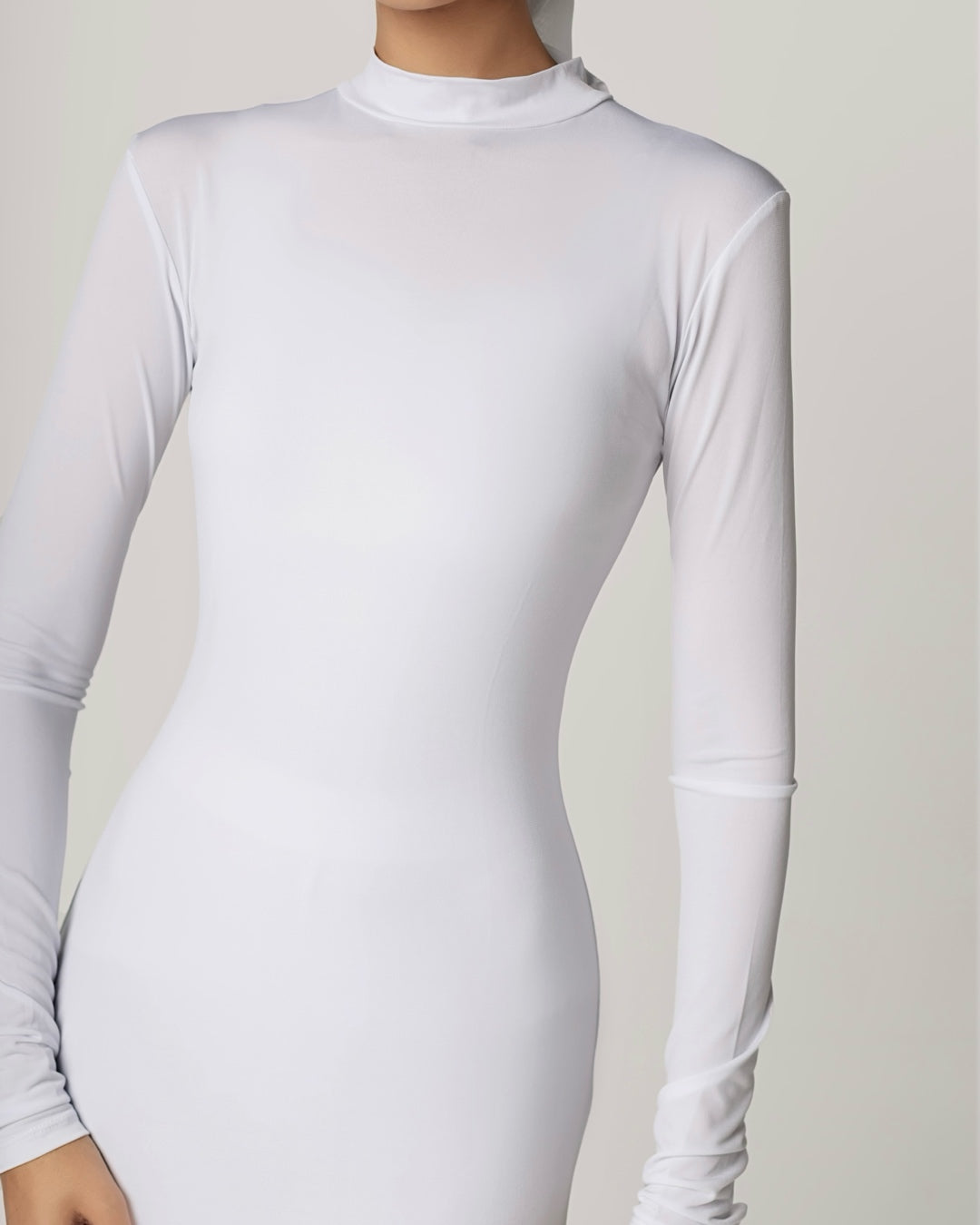 WHITE -High Neck Long Sleeve Dress