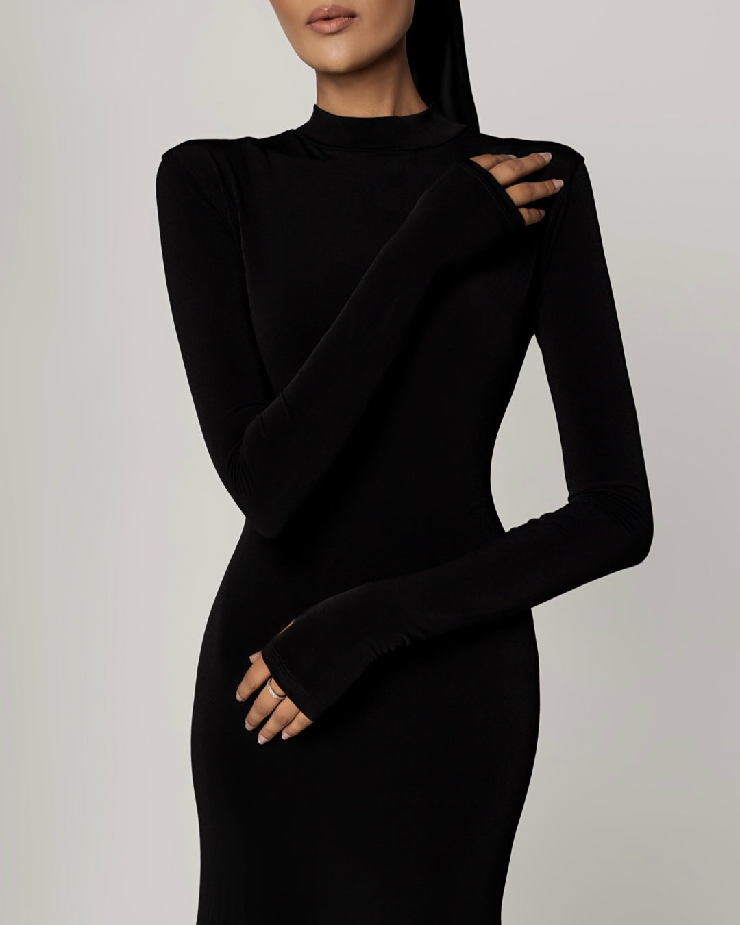 BLACK -High Neck Long Sleeve Dress