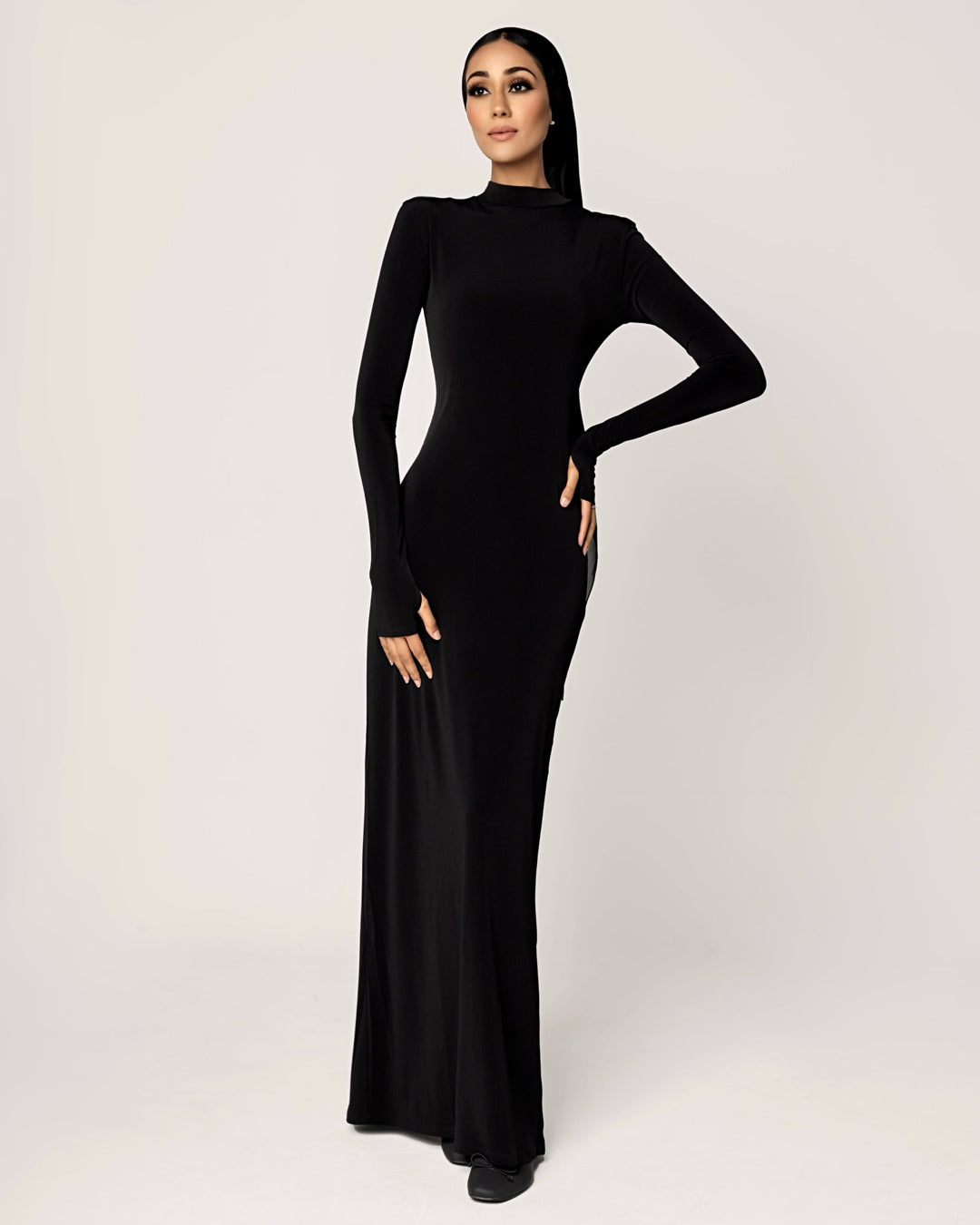 BLACK -High Neck Long Sleeve Dress